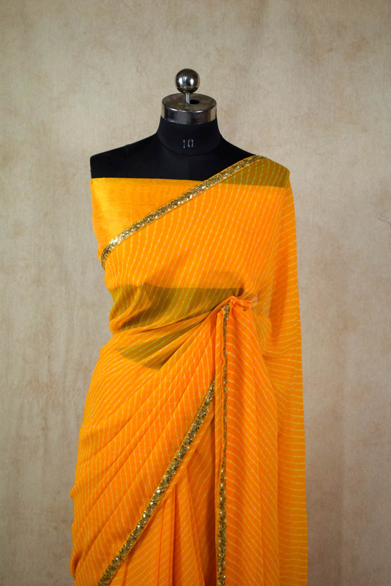 yellow leheriya saree with sequence border - KANHASAREE