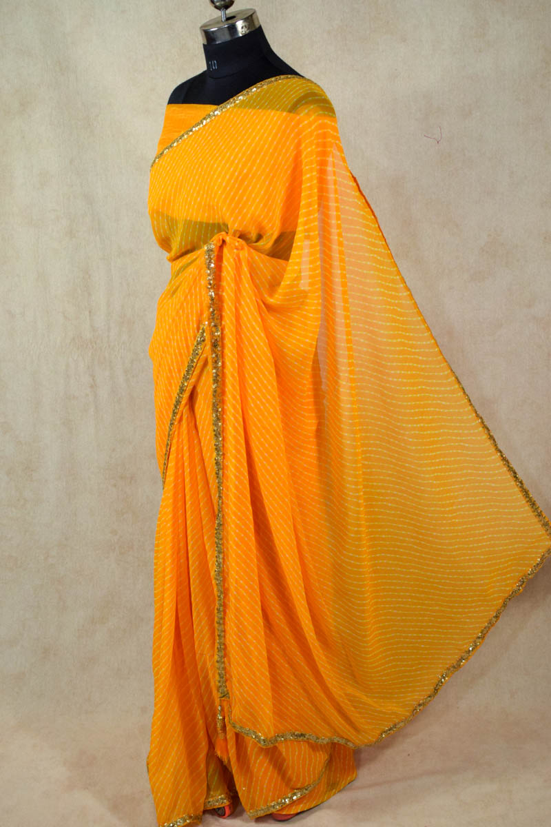 yellow leheriya saree with sequence border - KANHASAREE