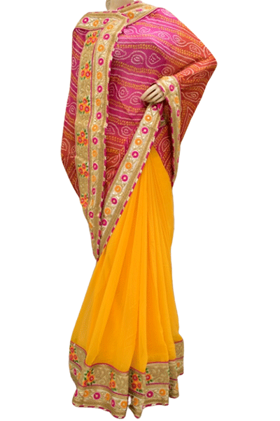 Half Bandhani Saree with Gota Work - KANHASAREE